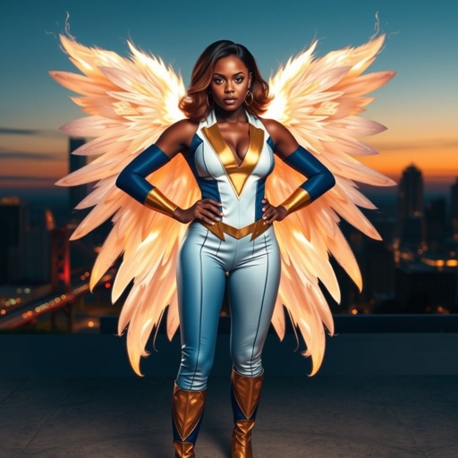 African American female superhero with shoulder length hair in a side part style and wings made of white fire  wearing a slightly homemade  white blue and gold suit with blue pants with a stylized V as her chest emblem wearing gold flat boots made of gold standing in Philadelphia at dusk