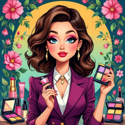 Create a business owner character showing there whole body head to toe, a lady who loves beauty products  