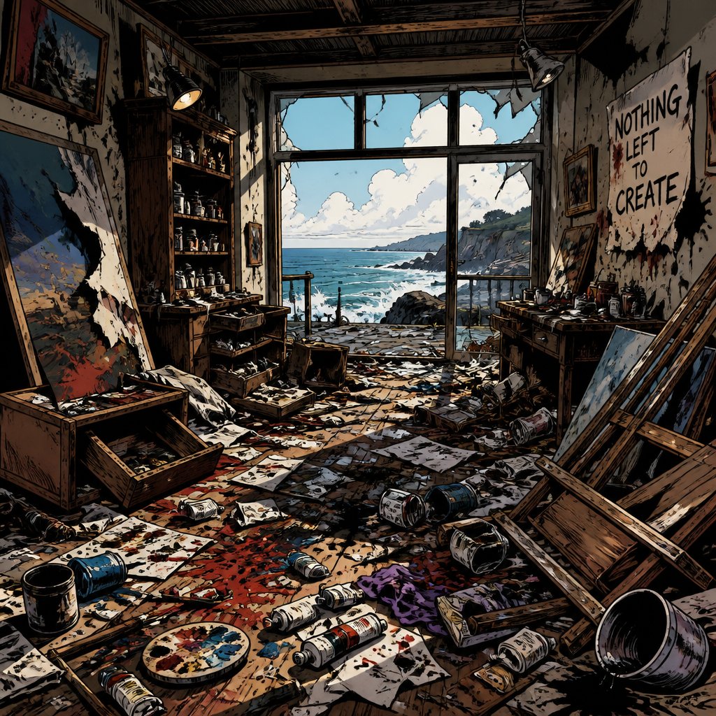 The interior of an artist studio facing the ocean is being completely ransacked and destroyed paintings, torn and garbage and paint litter the floor