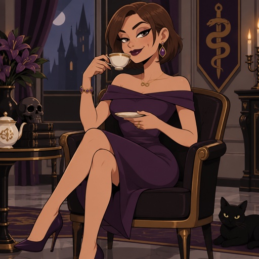 Female, slim, brown smooth hair around both sides of face, neck length back hair, freckles, dimples, long eyeliner, upturned nose, drinking tea, bad guy, knee length purple dress off the shoulders, jewelry, necklace infinity symbol, heels, wedding ring, smirk, no cleavage showing