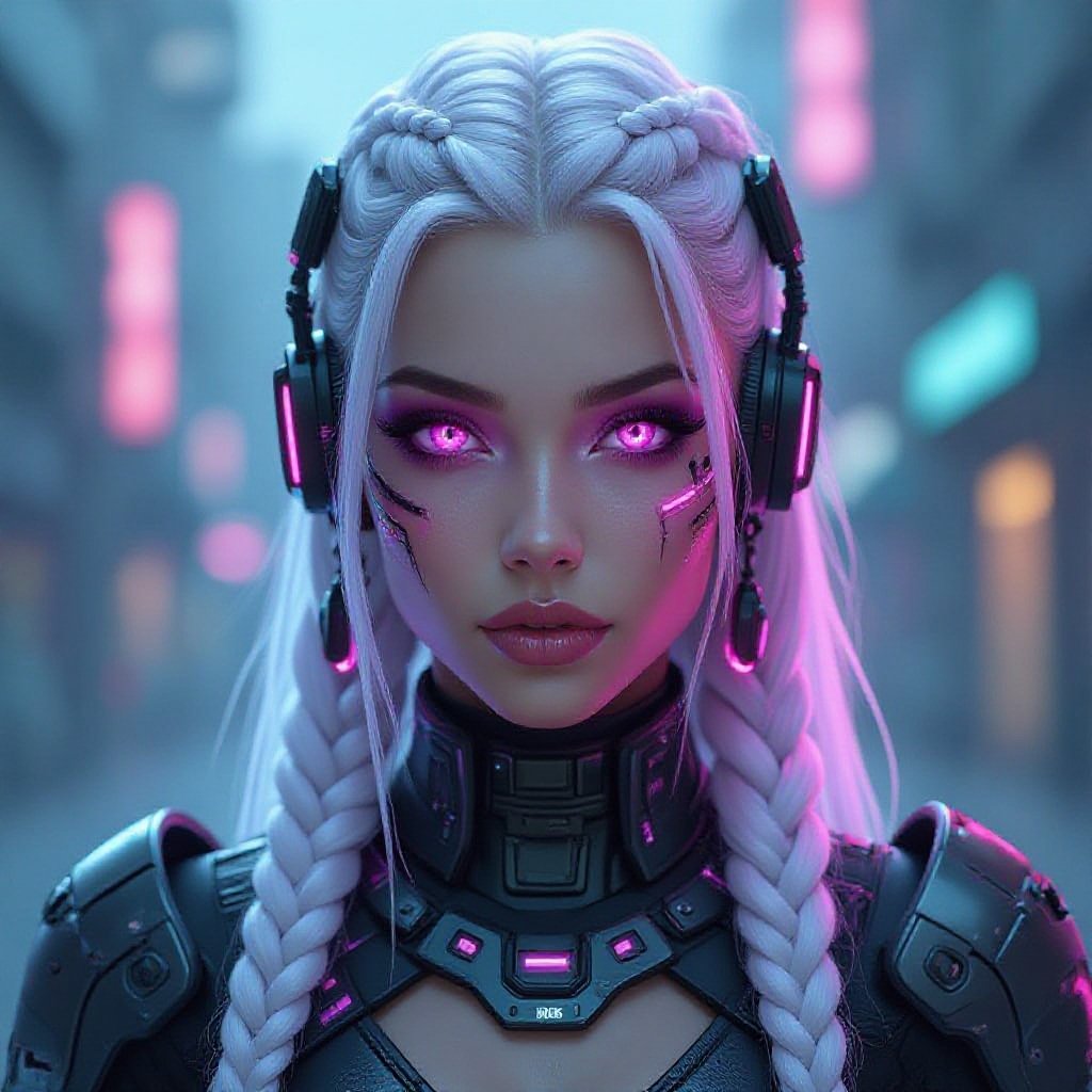 Character Appearance - Lavender Skin: The character's skin has a lavender hue, suggesting a supernatural or elven origin. - Long, Braided White Hair: The hair is shiny, snow-white, and  braided in a ponytail, a fishtail an elegant way, which adds refinement and nobility. - Pointed Ears: The elongated ears indicate possible belonging to an elven race or magical creature. - Phosphorescent Pink Eyes: The gaze is intense and hypnotic, with eyes that seem to glow from within, emphasizing the mystical aura. Clothing and Accessories - Dark Armor with Metallic Texture: The character wears armor-like clothing, with high shoulders and a subtle metallic sheen, like scales. This suggests power, protection, and status. - Sophisticated Design: The armor's details are elaborate, with textures that reflect light in a dramatic way. - Large round earrings: Hoop earrings add an interesting contrast between the hardness of the armor and the elegance of the accessories.Background and Atmosphere - Dark Purple Gradient: The background is composed of shades of purple and purple, which blend harmoniously with the character's skin and eye tones. - Dramatic and Mysterious Atmosphere: The colors and lighting create a sense of intensity, as if the character is about to enter an epic confrontation or a magical ritual. Artistic Style and Theme - Digital Fantasy Style: The work is created with a refined digital technique, specific to modern fantasy arts. - Theme of Power and Mystery: The character appears to be a warrior, a leader, or a being with magical powers, in a fantasy universe.Rexolution 9:16