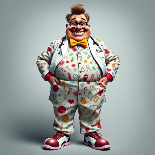 create a fat doctor. Who is funny human looking from head to toe. And he always immediately results to surgery for anything even small things. So please be sure to show his whole outfit head to toe. Make him have funny teeth