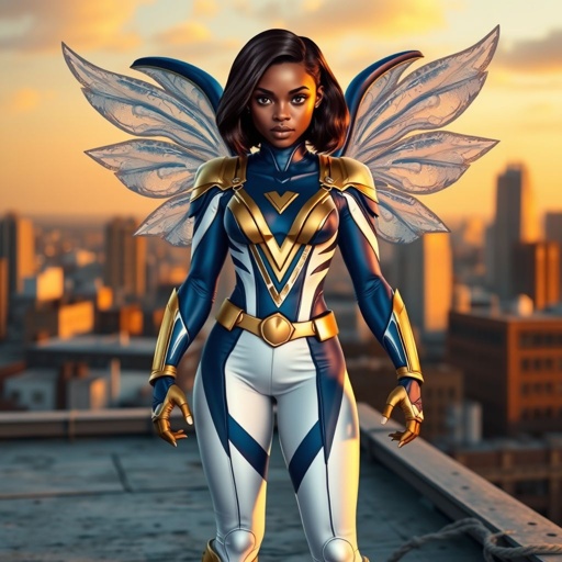 A young African American female superhero with shoulder length hair in a side part style wearing a blue and white suit made of spandex like material that’s slightly armored with gold accents with white pants and gold boots with a stylized V as her chest emblem with wings made of water standing on a roof in a Philadelphia at dawn