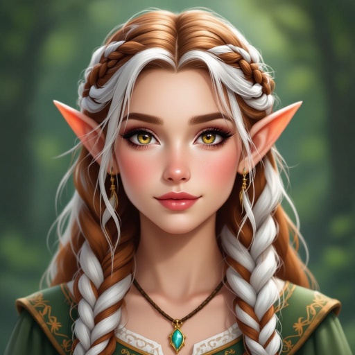 Female elf that has auburn and white hair with golden brown eyes