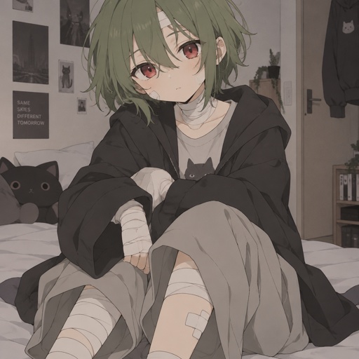 Petite girl with green shorty messy hair and red eyes. Wearing baggy clothes. Covered in bandages