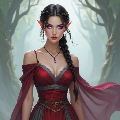 Pale woman. Dark braided hair. Violet eyes. Short and lean build. Wearing a red and grey dress.