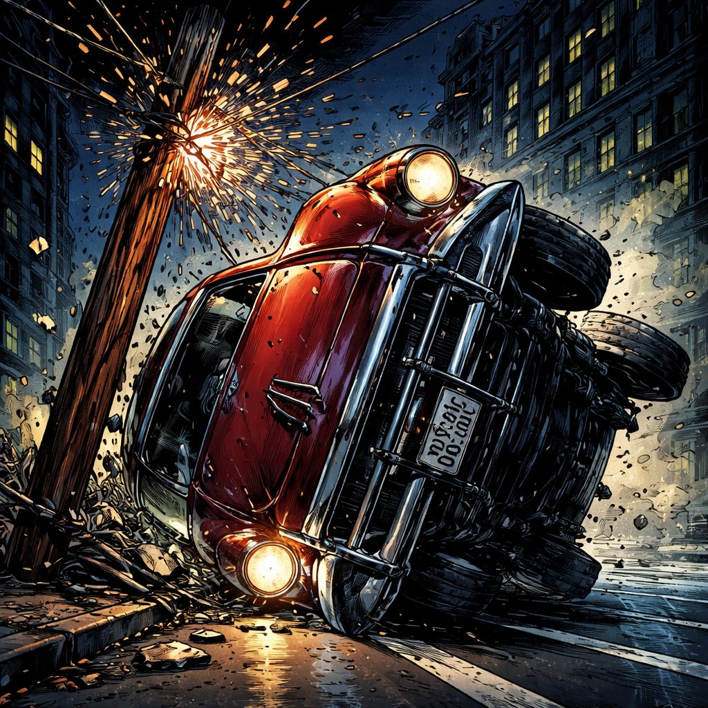 Refined realistic, no caricature an old-fashioned car smashed into a telephone pole and is on its side. It is night in the middle of a city.