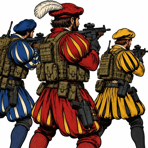 Three-quarter view from rear three heavily armed militia men dressed in renaissance robes, but with completely modern gear, weapons drawn are looking at something off stage background is white