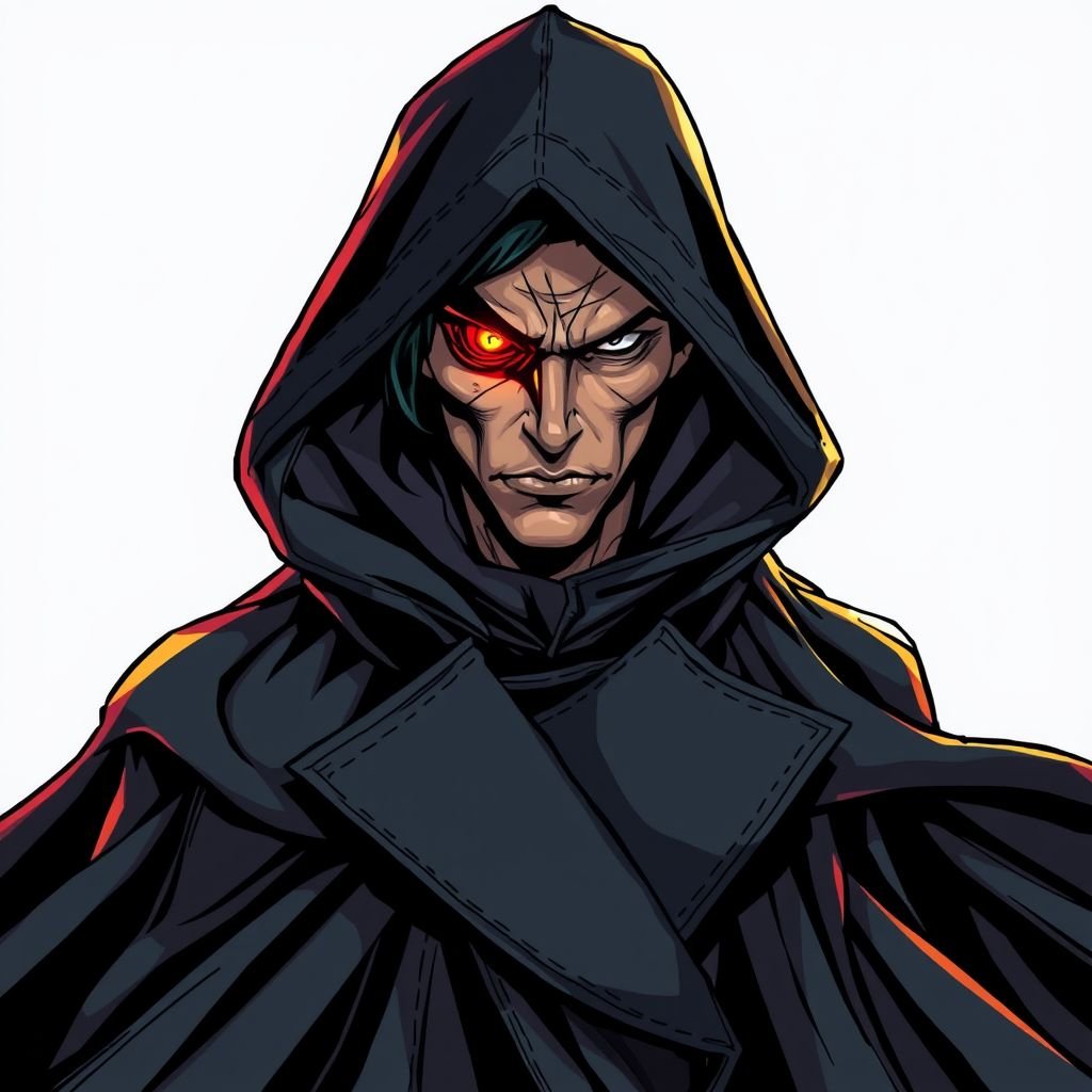 Make in black trench cloak with one glowing orange eye