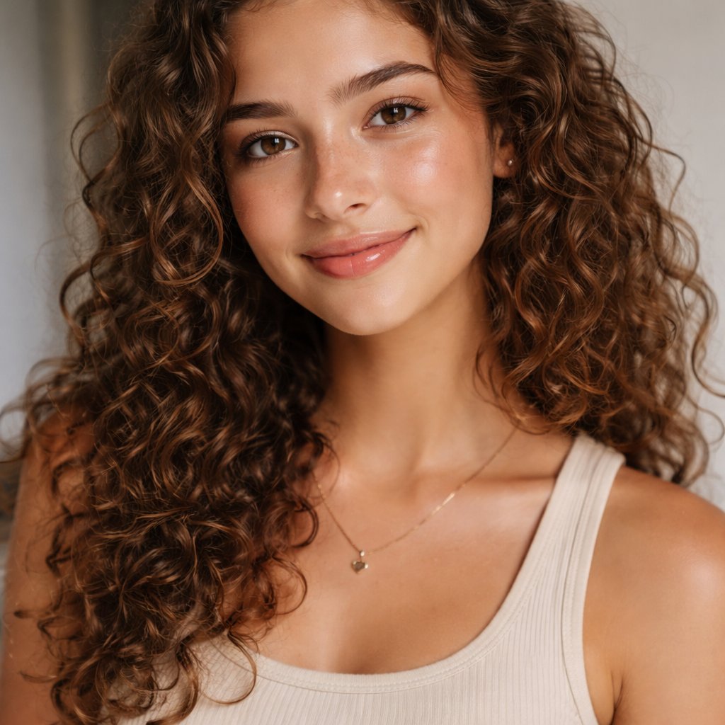 A 17 year old girl who has curly brown hair and brown eyes. She has a warm smile.