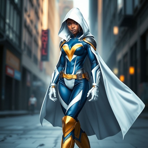 A teenage African American female superhero  wearing a white  cloak with a hood over a professionally made slightly armored white and blue suit with blue pants gold accents and a stylized V as her chest emblem a utility belt and gold boots