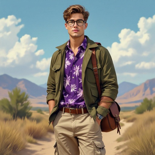 A 19 Year Old man in a Purple Hawaiian Button Up and Beige Cargo Pants. Short Light Brown Hair Glasses and Army Green Jacket and Brown Hiking Boots and a Brown Leather Saddleback 
