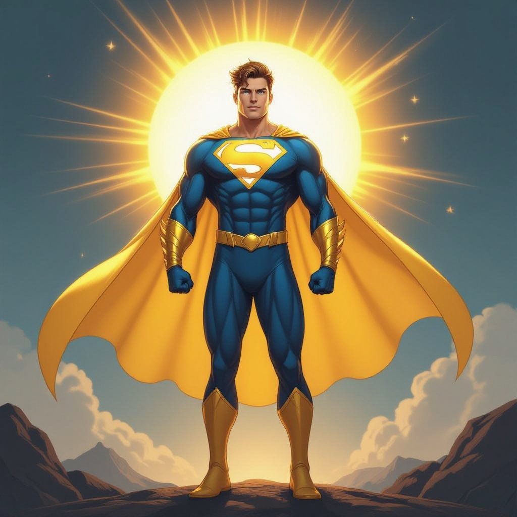 Male Super Hero who emits the brightness of the sun: their costume has NO CAPE OR BELT