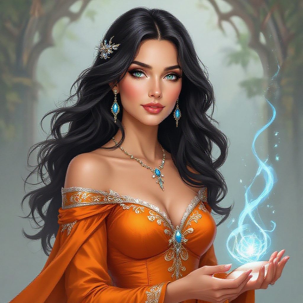 Princess. Middle aged. Olive skin. Blue eyes. Dark hair. Wearing orange dress. 