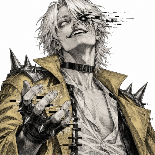 Male, cheekbones, white hair, smooth on top spiky on the bottom, neck length, white eyes, yellow trench coat, metal spike shoulder pads, black choker, low cut white shirt, fingerless gloves with spikes, insane smile, glitch powers, one missing glitchy eye, slim