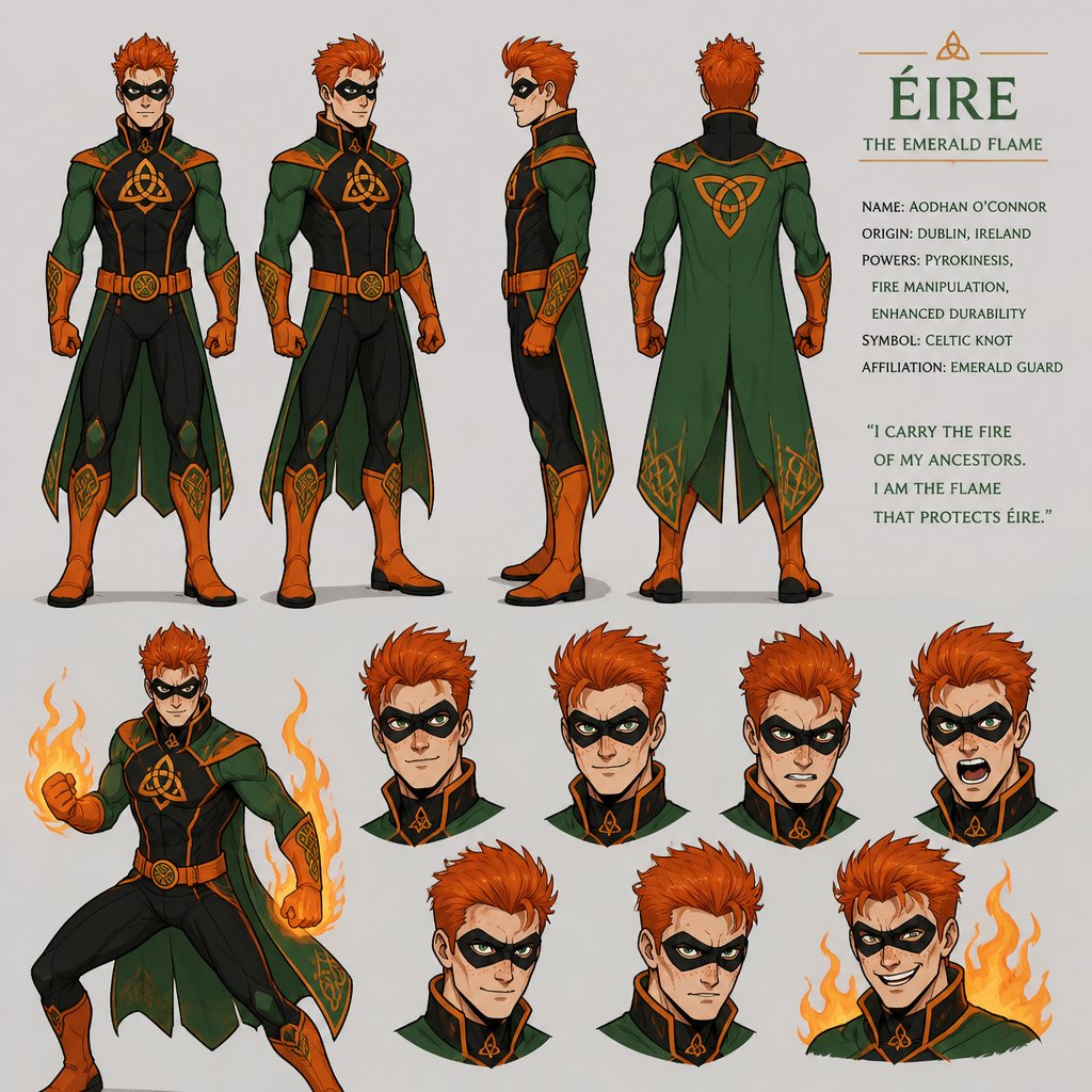 Male superhero with fire powers,eye mask, cool costume,Irish, freckles, spiked hair ,multiple of the same character