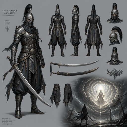 assassin, long curved sword, crested helmet, dark silver armor, luminous lord, baggy pants, eye of the storm
