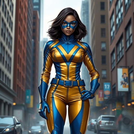 A teenage African American female superhero wearing a domino style mask with slightly curly hair in a shoulder length side part style wearing a polyester and leather gold suit with blue accents gold pants and a stylized V as her chest emblem a utility belt and blue boot heel less standing in Philadelphia