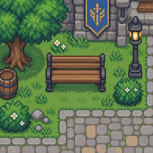 Bench for a modern fantasy game, exterior, top down style, shading and highlights