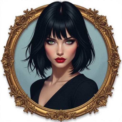 Show character head to toe. Create a mid age mysterious woman jet-black hair is cut sharpand her eyes seem to pierce through darkness. A shadowy aura clings to her form,