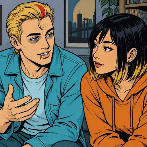 Male, blonde greased brushed back hair, curl on forehead, red streak in hair, scar on lip, blue eyes, eye bags, no wrinkles, slim, designer, cyan casual clothes, talking to an Asian female with straight black neck length hair, yellow tips, side bangs on one side, eyebrow piercing, mascara, ear piercing, orange clothes 