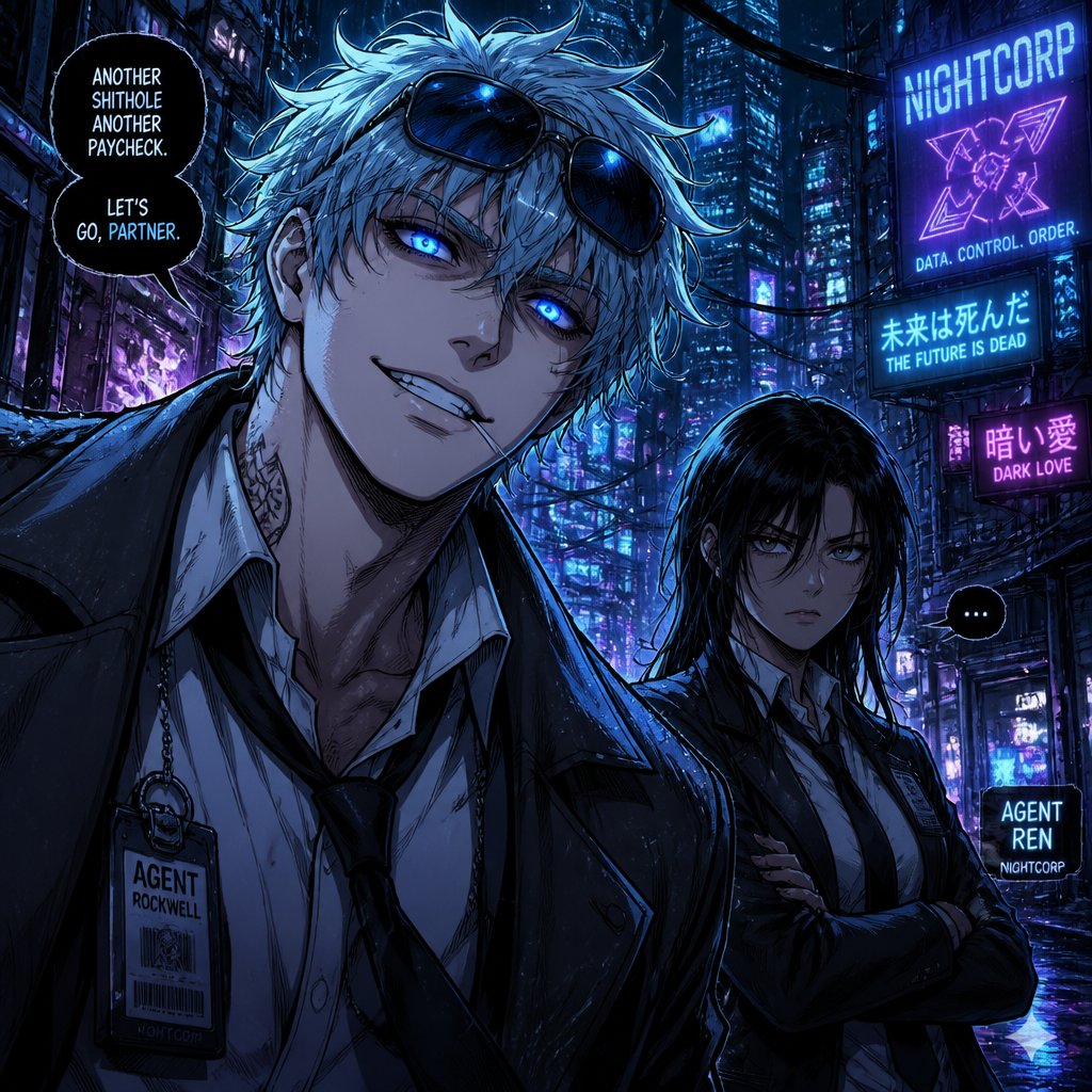 Comic Anime Agent Rockwell very poof up messy hair half side longer and drooped down hair is a light blue skin color white,very bright blue eyes,wears a suit tie is loose,he doesn't wear his jacket his collar to his shirt is uneven sunglasses on his head He's know for his mischievous and reckless behavior but takes missions very seriously is one of the best agents they have Ren is Rockwell's partner is very serious and organized opposite of Rockwell, get very annoyed at Rockwell's behavior they tend to argue with each other but Rockwell is more of having fun