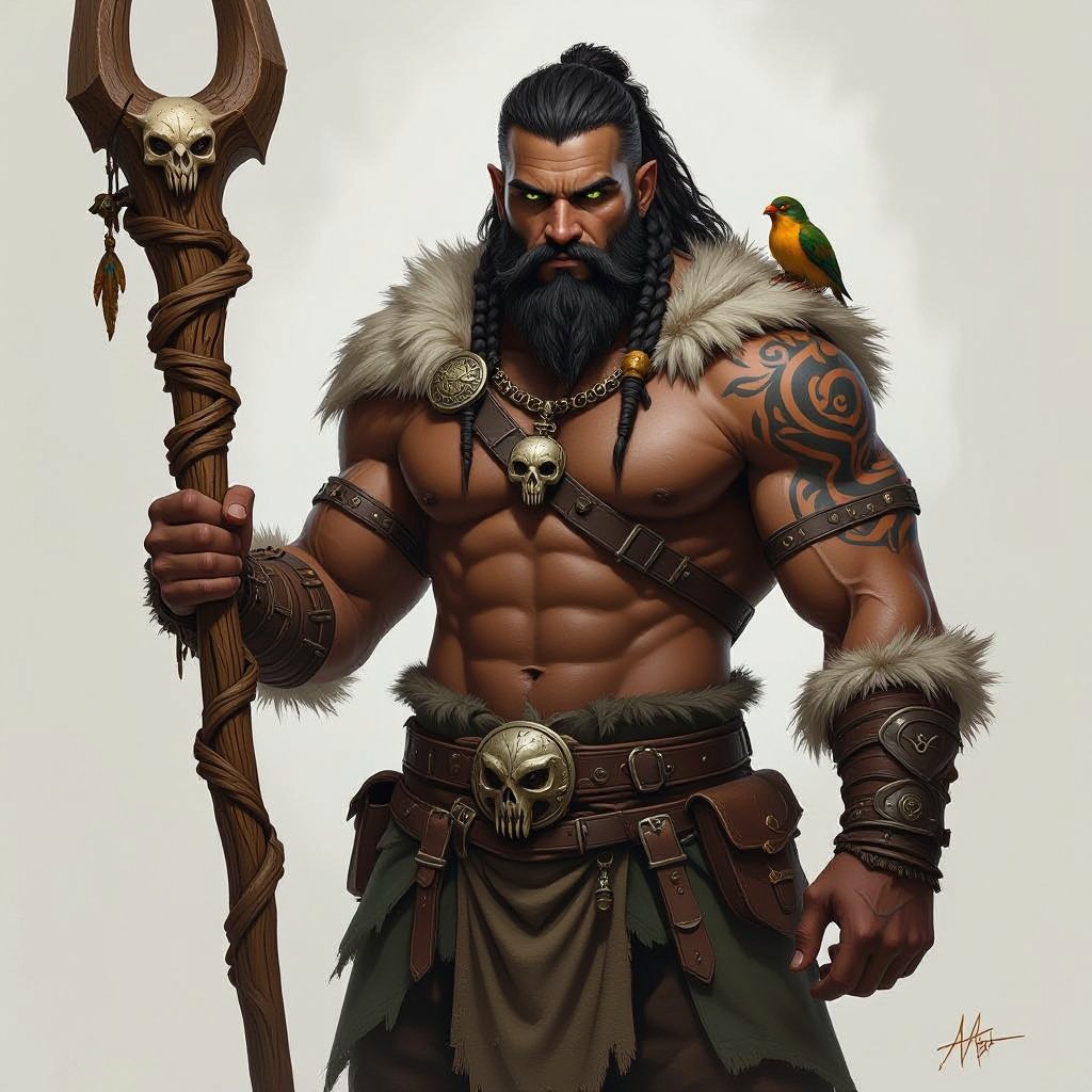 Kael the Beastbound – A rugged, broad-shouldered man with black skin and a rough beard, wearing armor made from bone and leather. deep green eyes tattoos of animal tracks spiral down his arms. He carries a massive wooden staff carved with the shapes of beasts, and small creatures often perch on his shoulders or follow at his feet.