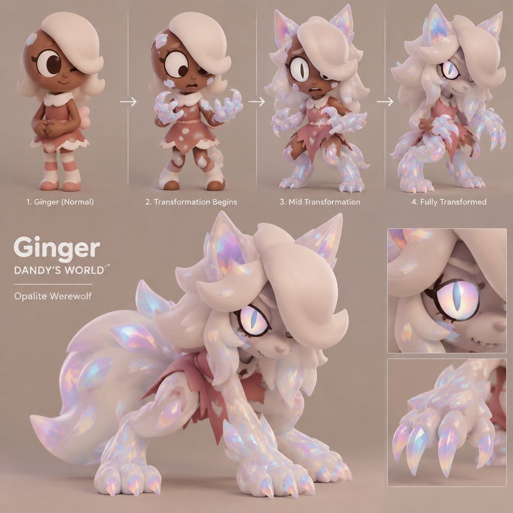 Ginger from Dandys world turning into a Opalite werewolf