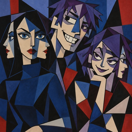 Three siblings, Female name Liz, oldest, tale, pale, beautiful, very call expression, mysterious, black hair long curtain bangs style, bright blue eyes, wearing a dark blue long turtleneck dress, high heels, eye liner,dark eye shadow,red lips, wearing jewelry, Anime style, Agent Ward male, middle child, made to be a weapon, highly skilled, emergency backup case he gets out of control, hair violet messy bun, clean shaven, night vision eyes no goggles, sharp teeth, dark power, tall, intimidating, big grin, he's used as an emergence backup weapon, Female Ann, youngest sibling, medium hight pale, tan, blue eyes, vivid purple dim hair in a messy bun her front hair is swooped down in her right side, mischievous smile, rebel/ grunge clothe style