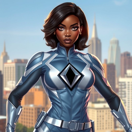 African American female superhero with hair in a shoulder length side part hairstyle with pure Glowing eyes wearing a leather light blue white and silver suit with light blue pants and silver boots and a silver diamond within a black hole as her chest emblem in Philadelphia