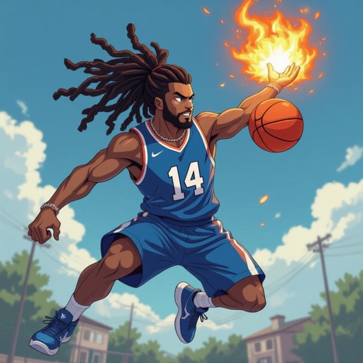 My character is a muscular guy with 12 big dreadlocks and Blue Basketball jersey with the number 14  and a chain on his neck and he is jumping high in the air with a ball made of fire  