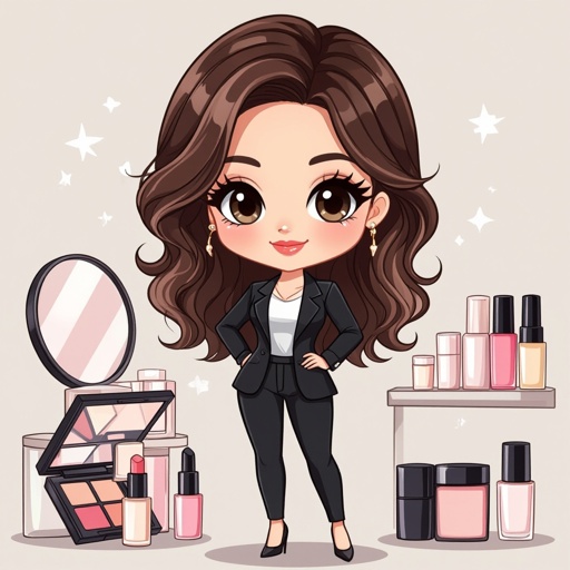 Create a business owner character showing there whole body head to toe, a lady who loves beauty products