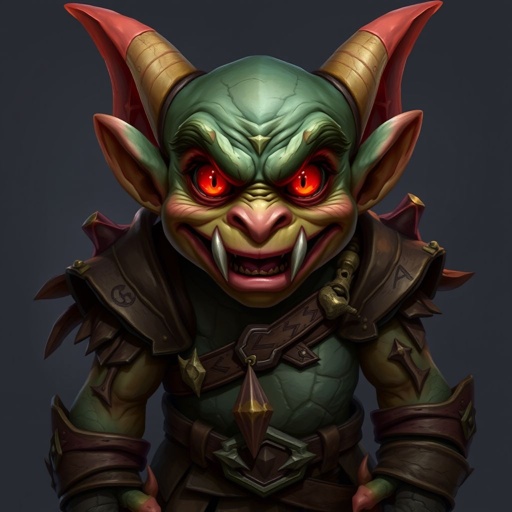 Goblin. Short. Muscular. Red eyes. Sharp teeth. Menacing grin.