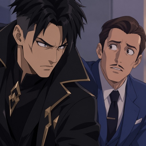 Montague from Fortnite angry at Squire from deceive Inc, black hair, Squire is worried