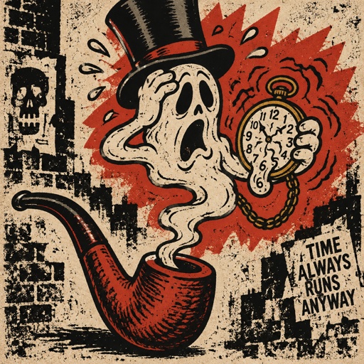 A ghost coming out of a tobacco pipe like smoke  with the mad hatter hat on is checking his pocket watch that is going crazy