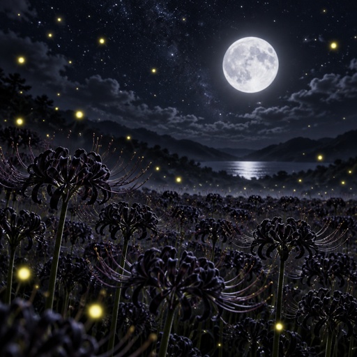 A Field of black spider lilies, fireflies high in the sky, moon, stars