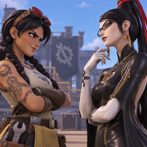 Jules from fortnite really angry at Bayonetta from super smash bros, arms crossed, smirk