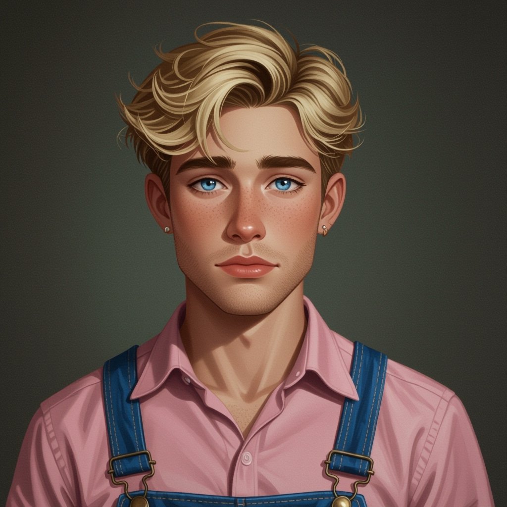 Half British, half Latino, no beard, looks a feminine, frail figure, buttoned up shirt 18-years old male, Blonde hair, blue eyes, ring around eye heterochromia, pink shirt, blue overalls 