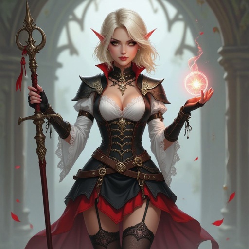 Blonde Pixie Cut High Elf Fantasy Cleric Assassin black and Red mini skirt white lace stockings no armor