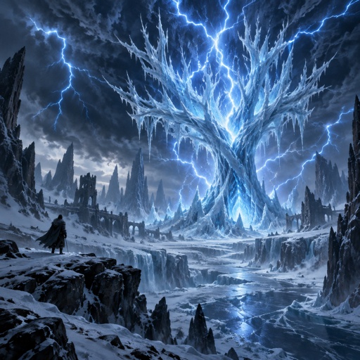 blue lightning storm in a dark ice waste land, lightning trapped in a ice tree formation