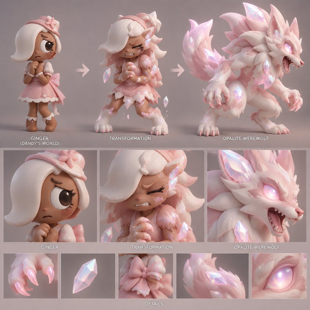 Ginger from Dandy’s world turning into a Opalite Werewolf