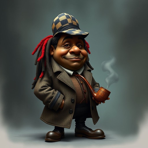 Create a funny serious fat character similar to Sherlock Holmes, but make him of black decent and with dread locks. Show his whole outfit including his shoes.