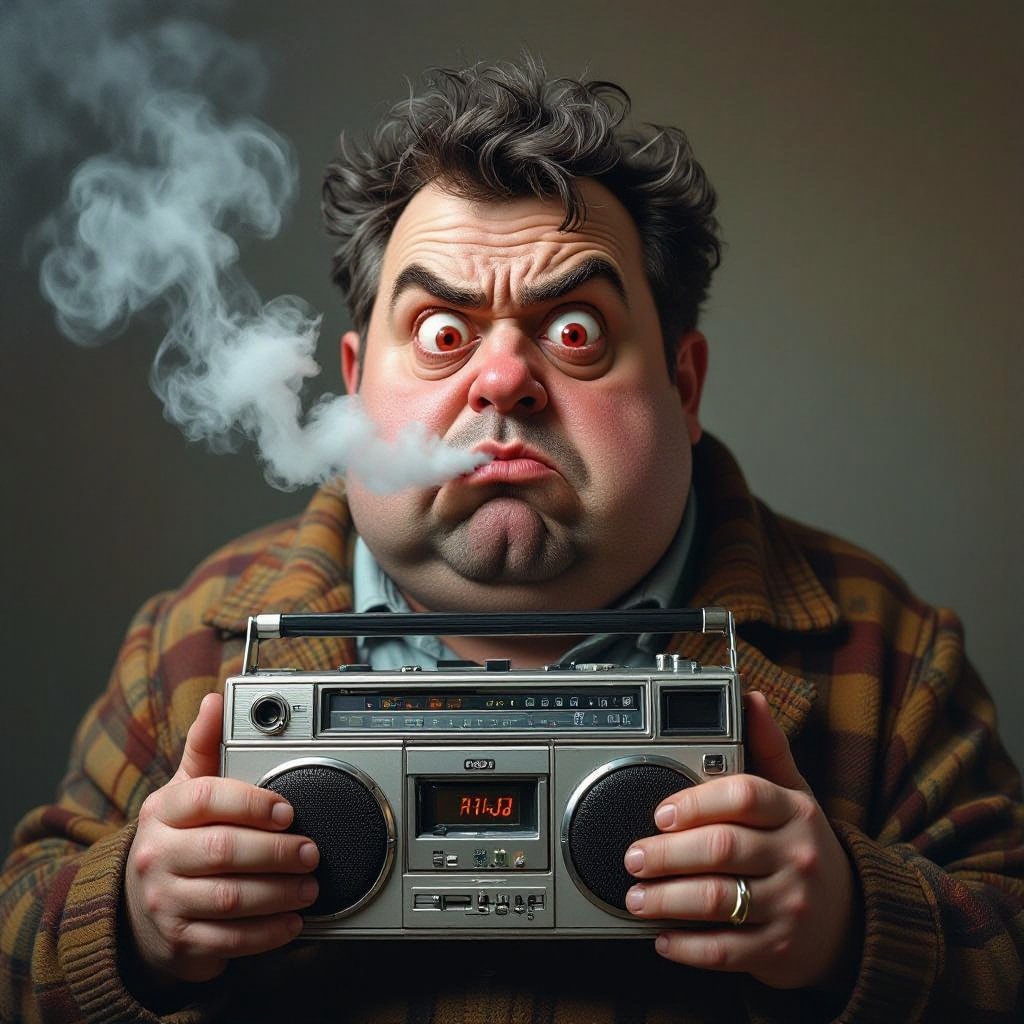 Create a funny fat guy who isnt friendly from New York  has a boom box radio and is a stoner 