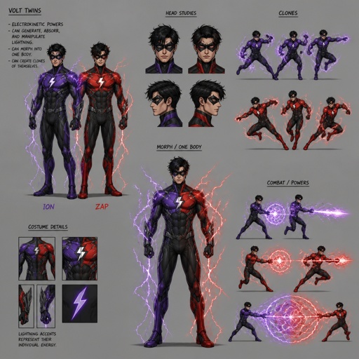 Male superhero twins with lightning powers, cool costume, mask, one has purple the other has red, they can morph into one body, black hair,multiple of the same character 