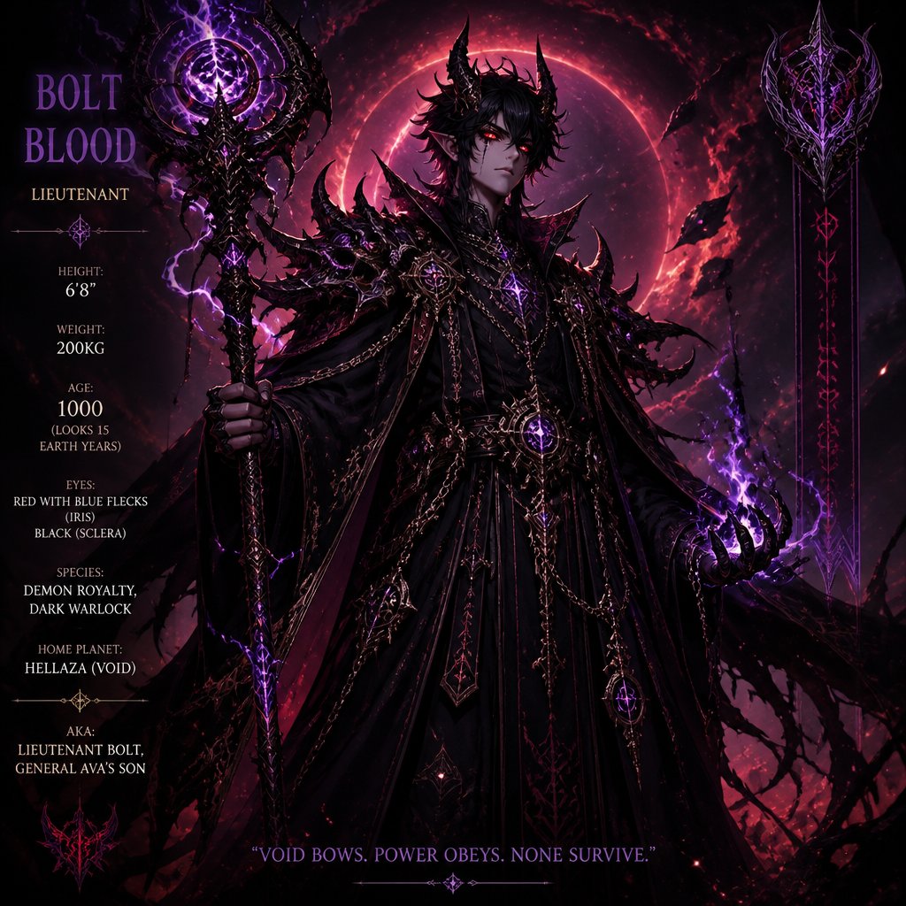Bolt Blood (Lieutenant) Height: 6.8” Weight: 200kg Age: 1000 (looks 15 Earth years) Eyes: Red with blue flecks (Iris) Black (Sclera) Gender: Male Species: Demon Royalty / Dark Warlock Home Planet: Hellaza (Void) AKA: Lieutenant Bolt General Ava’s Son