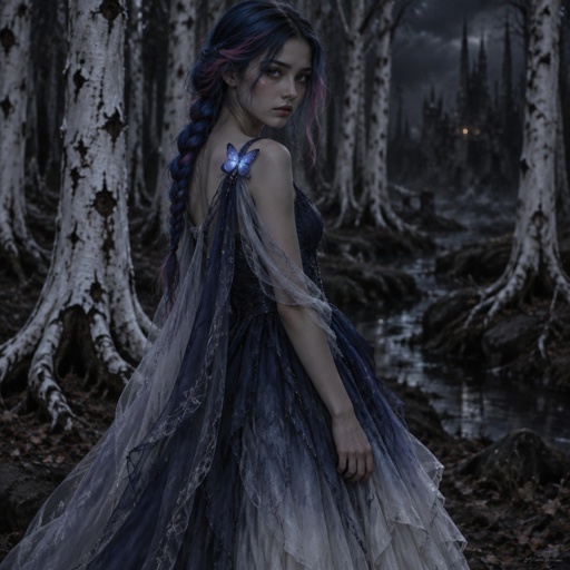 A 17 year old girl who has blue hair with pink and purple stripes and hazel eyes. She is wearing a dark blue dress that has layers. The inner layer is a lighter blue that fades into a soft white. There’s no strap on her left side. The top comes together at her right side and is held together by a blue butterfly which had a prince of clear fabric hanging from it. Her hair is in a low brain that hangs over her shoulder. She stands in a forest surrounded by white trees. 
