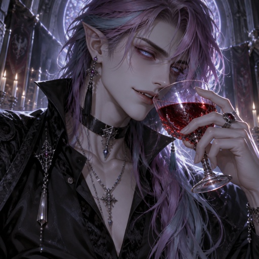Male, pale, vampire, thin, light blue eyes, cheekbones, medium length brushed smooth hair, all back hair over right shoulder, bangs, pinkish purple and light blue hair gradient, tassel earrings, jewelry, black button up shirt with upturned collar, choker, smirk, eye bags, pointy ears, drinking red liquid from wine glass
