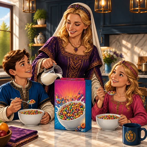 a painting of a woman and two children eating cereal