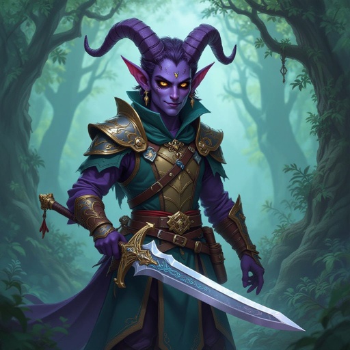 Tifling eldrich knight with purple skin, big black eyes and dressed as a jester