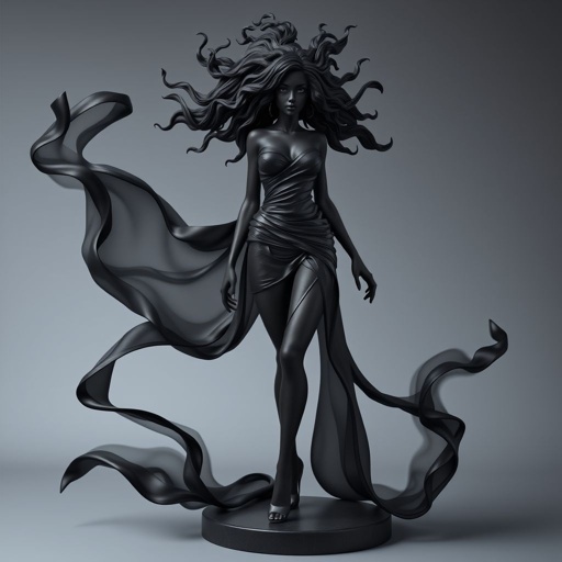 Create character hero Veyra of Shadows – A lithe, mysterious black woman draped in layered black silks that move like smoke around her. With jet-black hair. Show her whole body head to toe including her shoes.